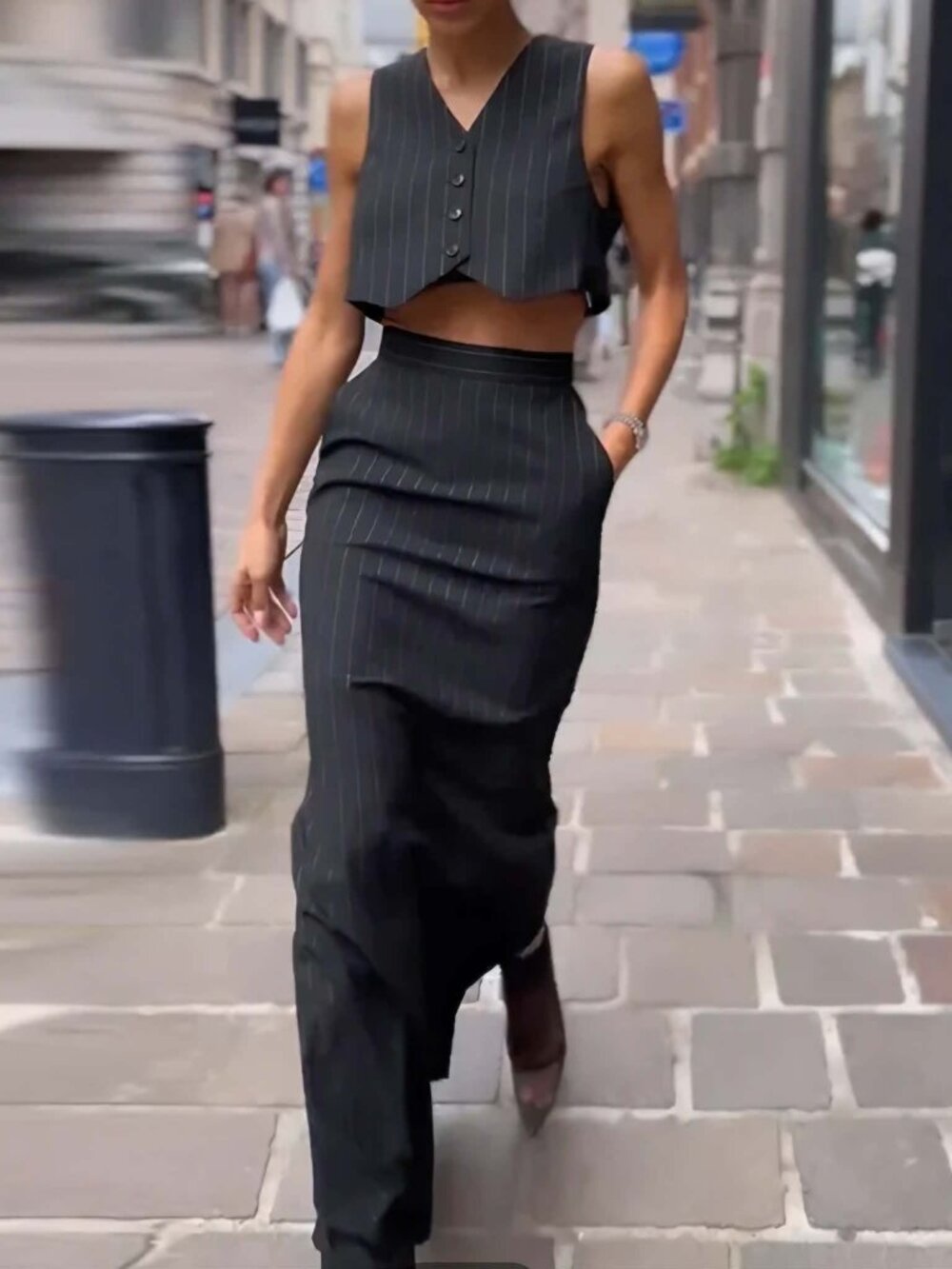 Pinstripe Button Crop Two Pieces Skirt Set - Picture 2 of 5